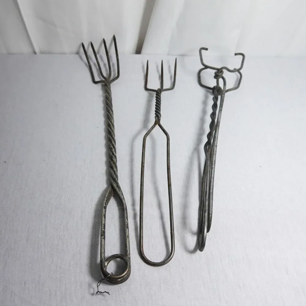 Vintage Kitchen GALVANIZED TWISTED WIRE SPIT FORK and tongs Utensils